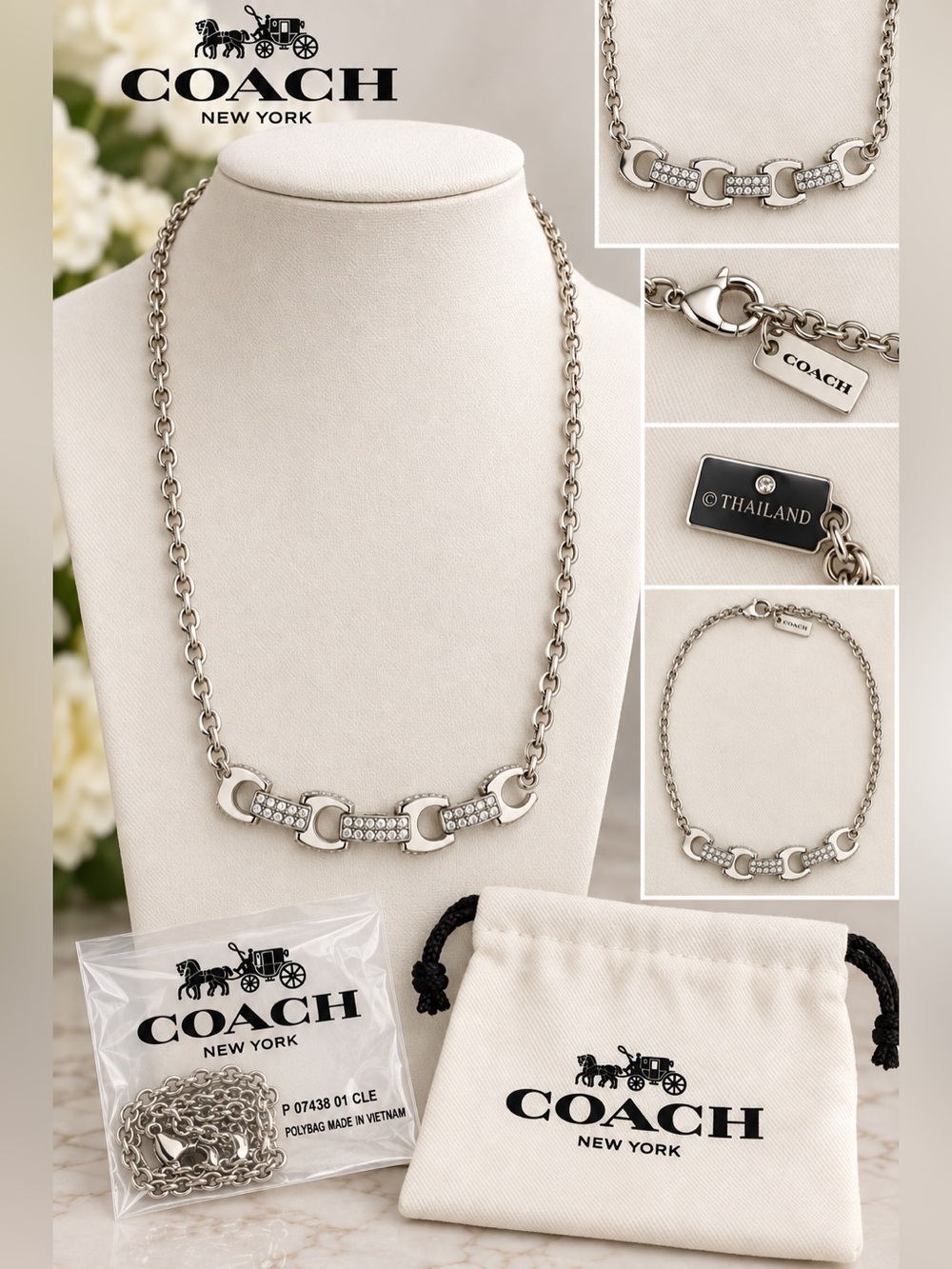 Coach Silver Crystal-Accent Link Necklace comes with dust bag